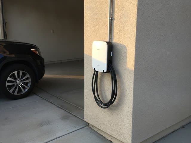 An EV charger mounted on a garage wall