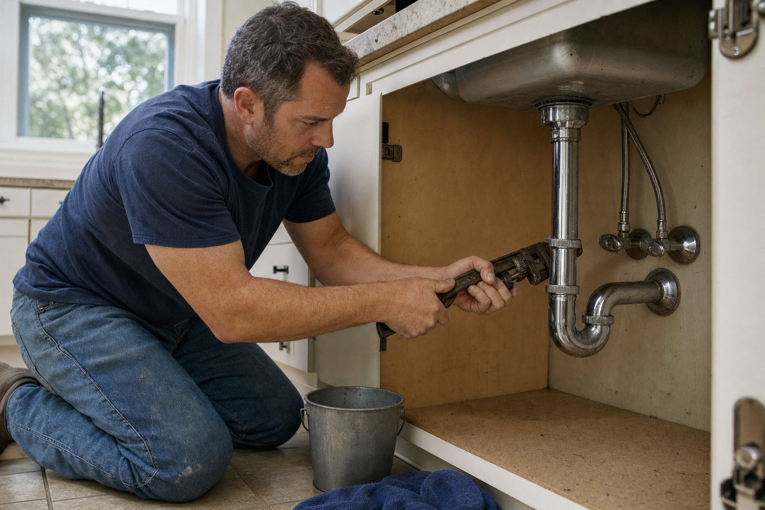 A plumber kneeling at an open kitchen sink cabinet, working on the chrome drain trap with a pipe wrench