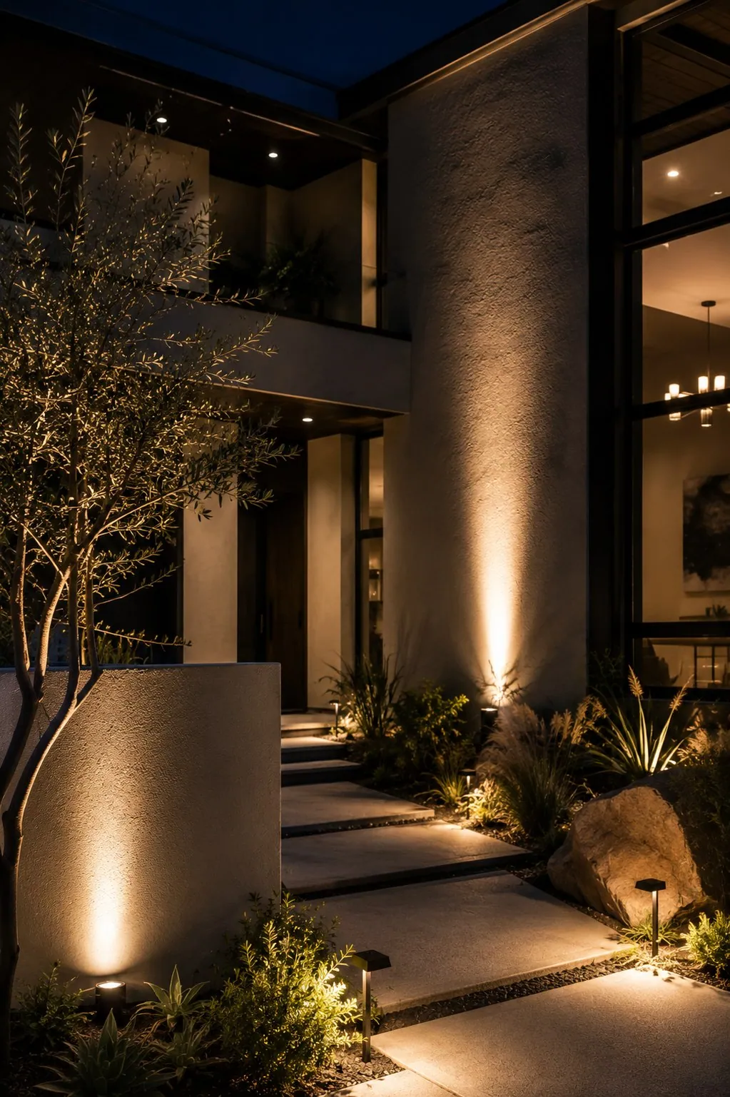 Modern home exterior and landscaped path illuminated at night