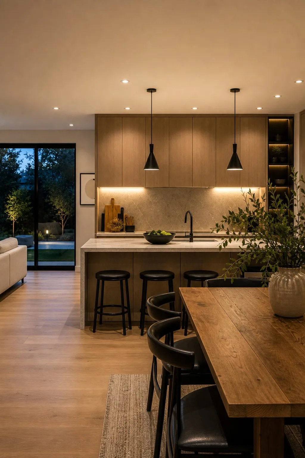 Finished modern kitchen with layered recessed, pendant, and under-cabinet lighting
