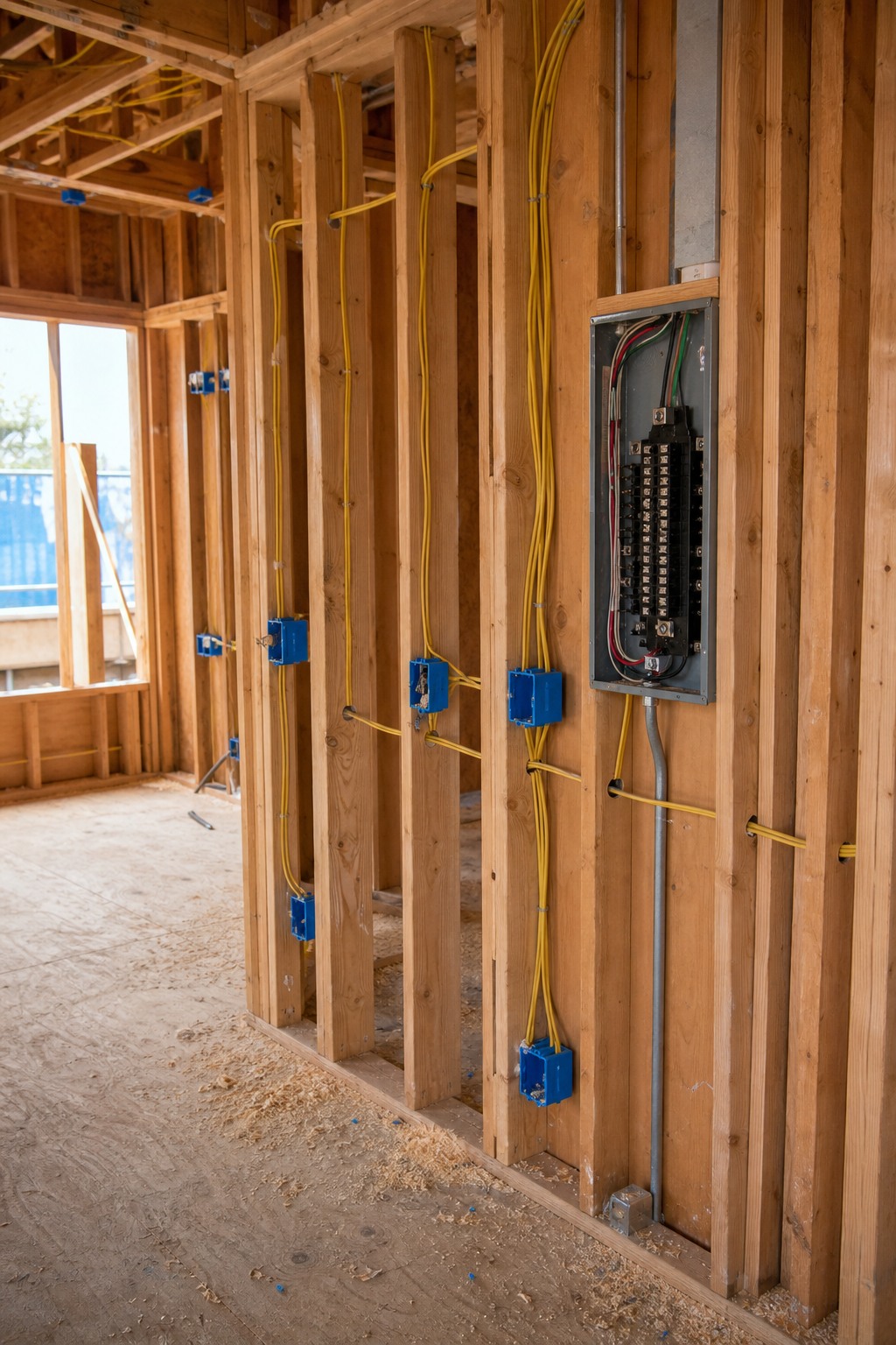 Wood-framed home under construction with electrical rough-in wiring